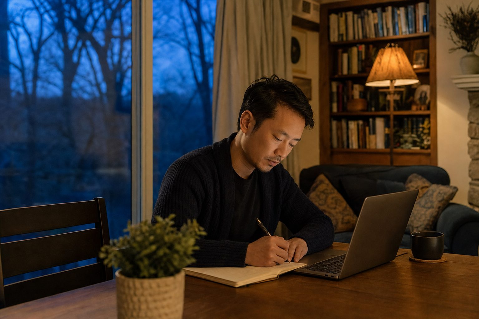 A man writing at his kitchen table in the evening