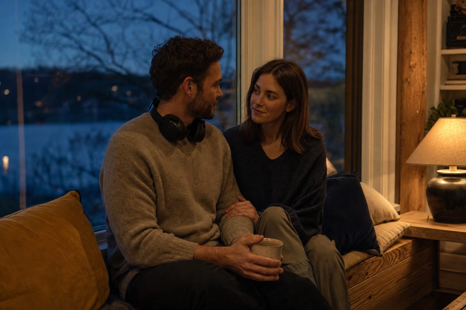 A couple sitting close together by a window in the evening