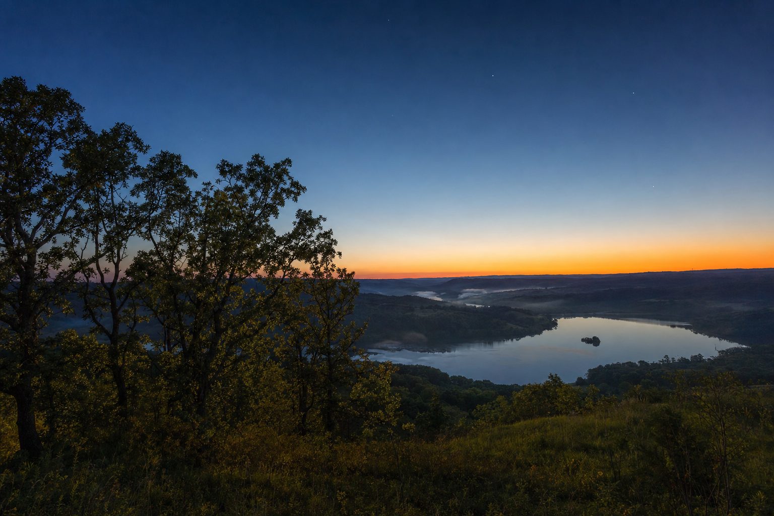 Oak trees above a winding river valley at dusk